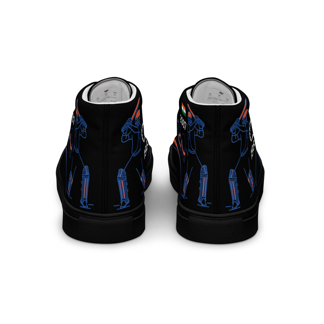 Rear view of black Bat Ball Wicket high-top sneakers with blue and orange cricket illustrations, celebrating India&