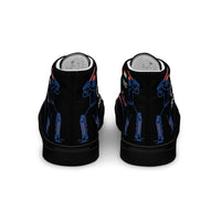 Rear view of black Bat Ball Wicket high-top sneakers with blue and orange cricket illustrations, celebrating India's T20 World Cup victory in 2007, on a sleek black background.