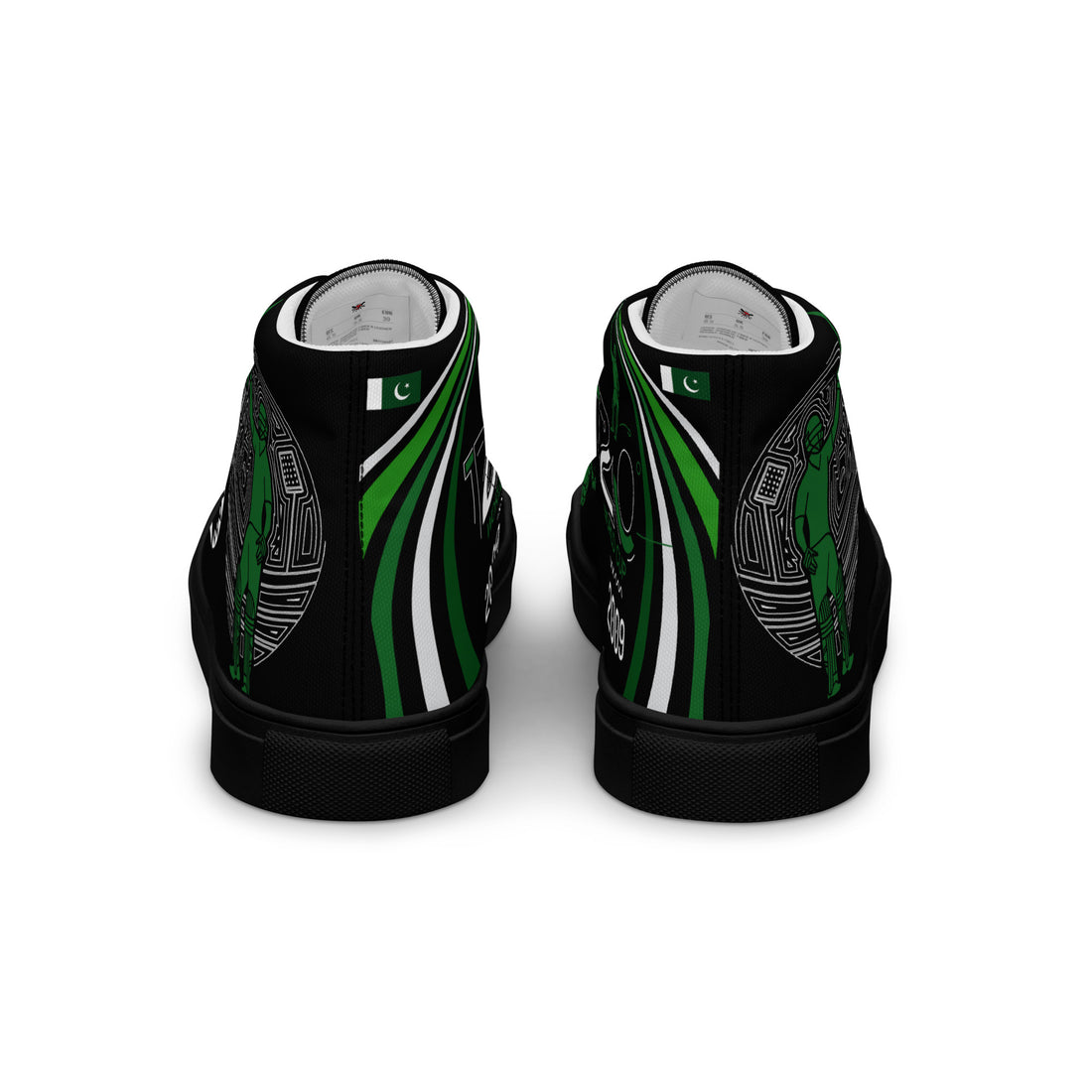 Rear view of Bat Ball Wicket high-top sneakers with Pakistan cricket World Cup themes, featuring green geometric patterns and cricket imagery on a black canvas background with a Pakistani flag