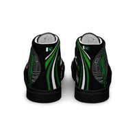 Rear view of Bat Ball Wicket high-top sneakers with Pakistan cricket World Cup themes, featuring green geometric patterns and cricket imagery on a black canvas background with a Pakistani flag