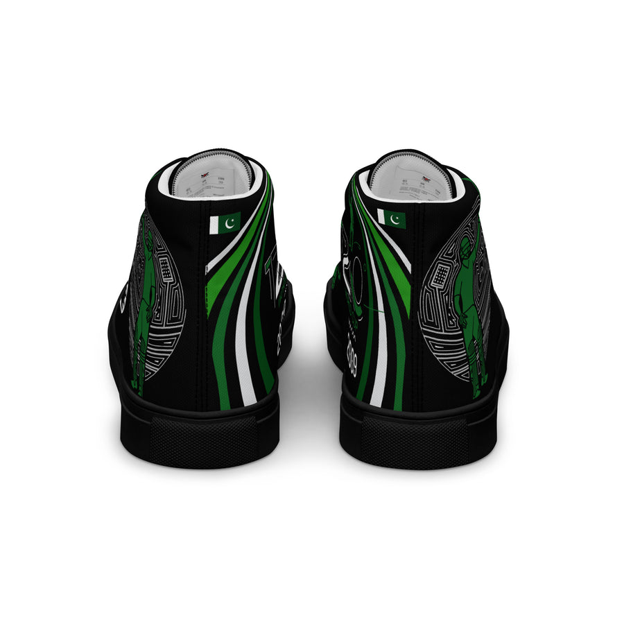 Rear view of Bat Ball Wicket high-top sneakers with Pakistan cricket World Cup themes, featuring green geometric patterns and cricket imagery on a black canvas background with a Pakistani flag