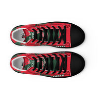 Top-down view of Bat Ball Wicket high-top sneakers with black laces on a red and green canvas featuring Bangladesh cricket-themed graphics and branding.