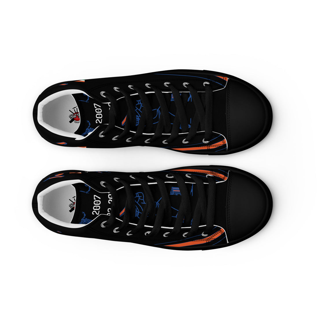 Top-down view of black high-top sneakers by Bat Ball Wicket with black laces, showcasing Indian cricket blue and orange graphics and &