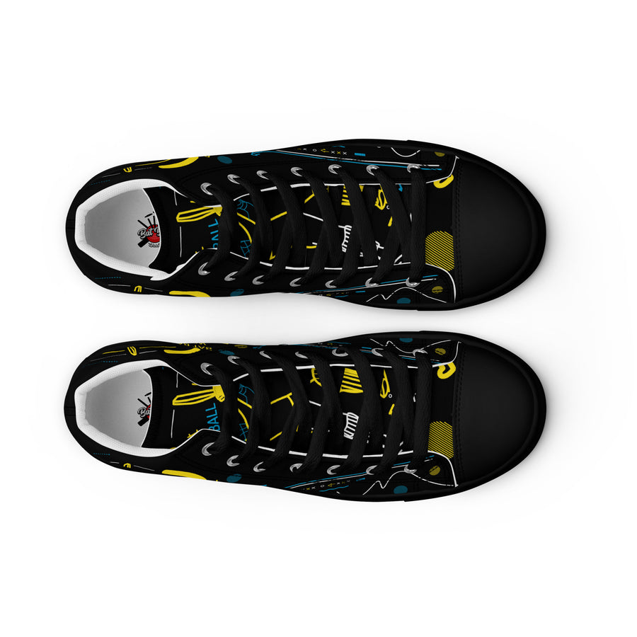 Top-down view of men's high-top canvas shoes with black laces over a cricket-inspired design featuring yellow bats, balls, and wickets on a black background, with blue and white accents.