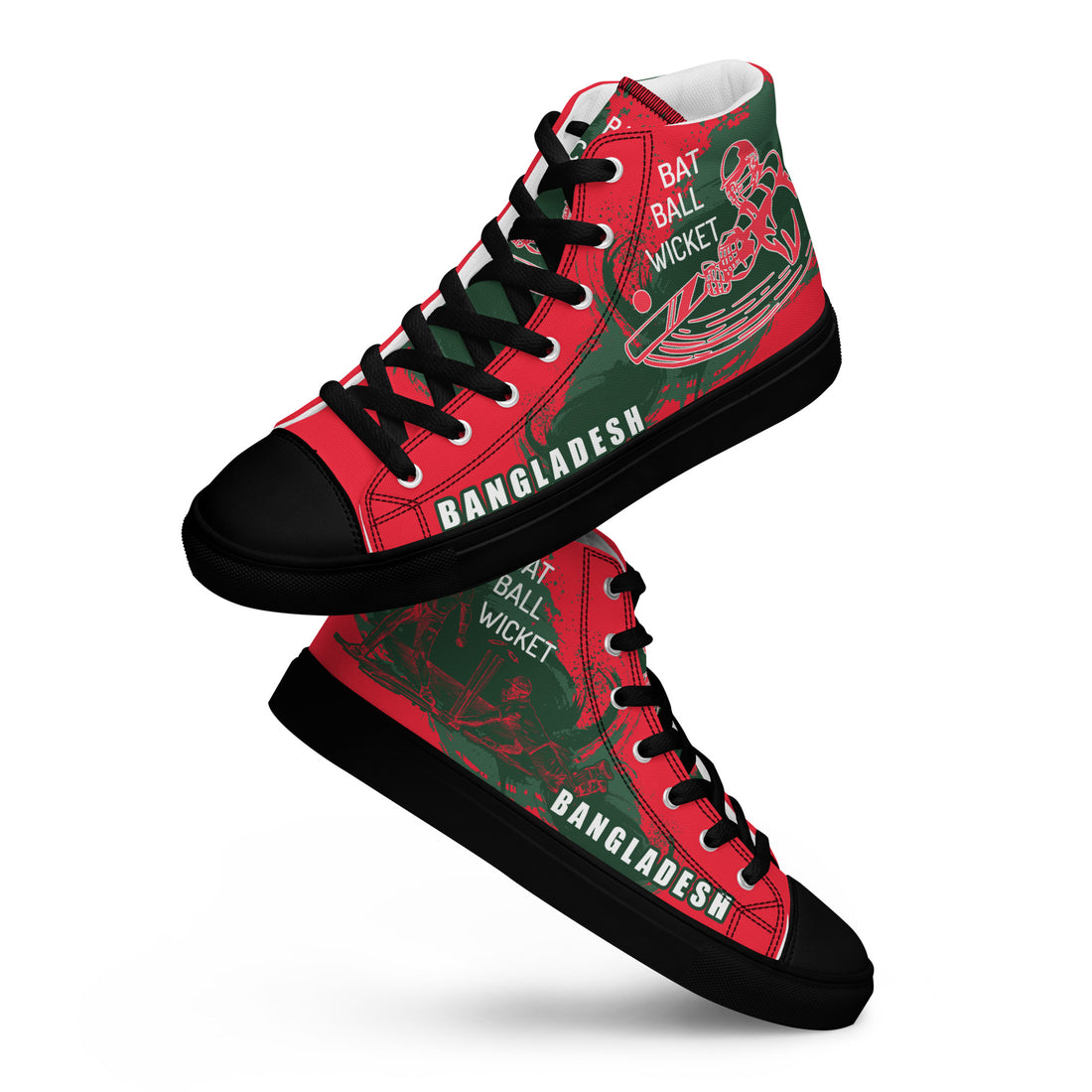 Angled view of Bat Ball Wicket high-top sneakers in Bangladesh cricket colors with graphic player silhouettes and &