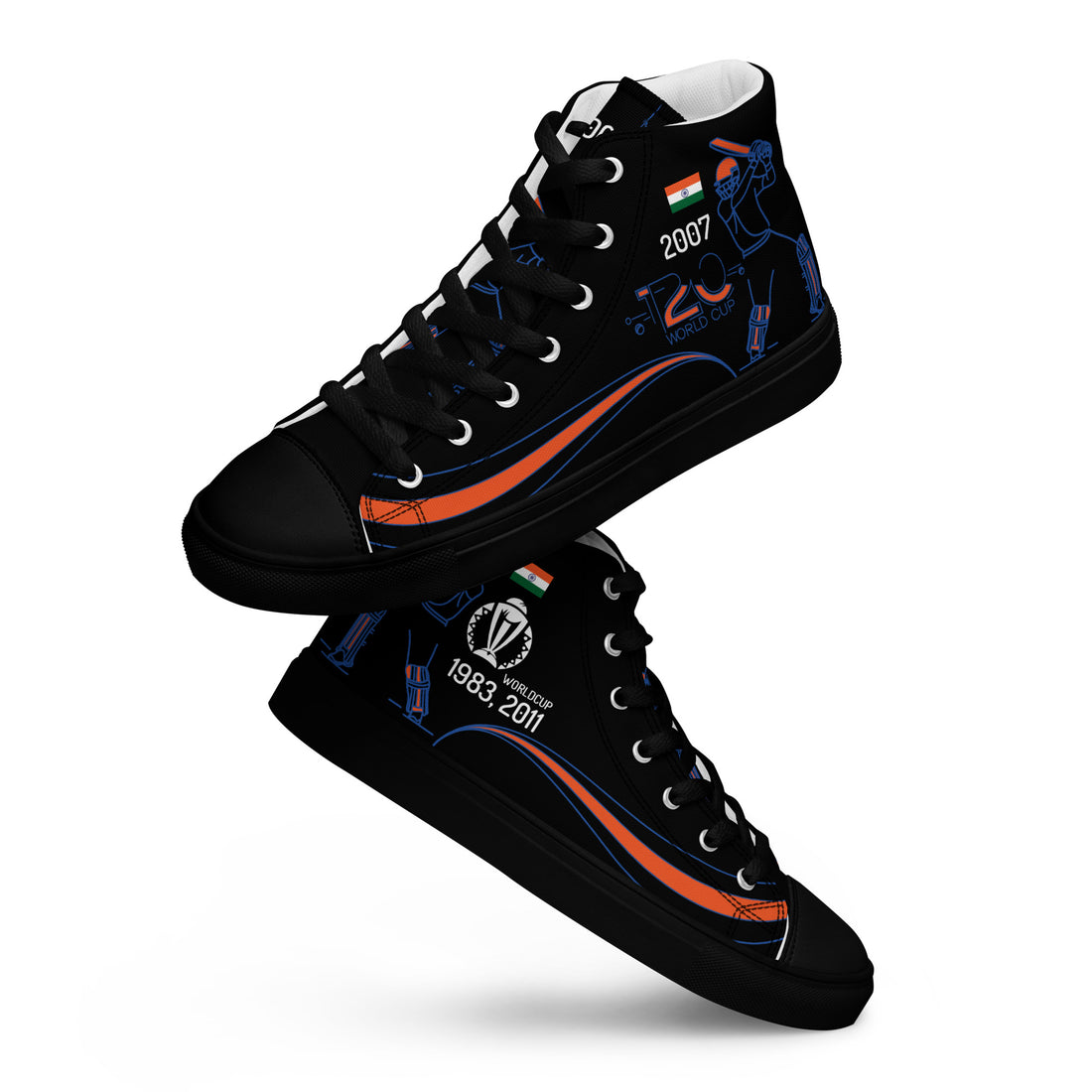 Angled view of Bat Ball Wicket high-top sneakers in black, featuring Indian cricket team&