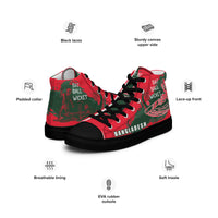 Side view of Bat Ball Wicket high-top sneakers with red and green Bangladesh cricket design, featuring black laces, a padded collar, breathable lining, and EVA rubber outsole highlighted with informative icons.