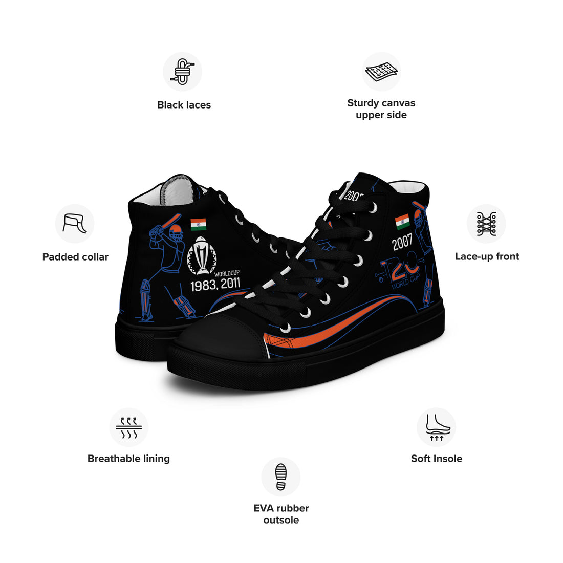 Side view of Bat Ball Wicket black high-top sneakers, highlighting features like black laces, padded collar, breathable lining, and EVA rubber outsole, with the Indian cricket team&