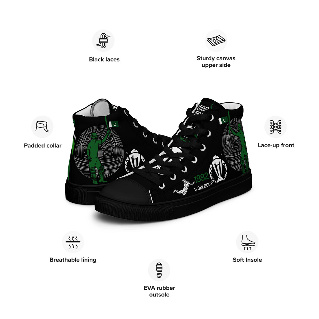 A pair of men’s high-top sneakers featuring iconic cricket-themed graphics in Pakistan&