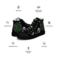 A pair of men’s high-top sneakers featuring iconic cricket-themed graphics in Pakistan's green and white color scheme. Design includes the text "1992 World Cup", cricket player silhouettes, and intricate patterns reminiscent of a cricket ball's seam on a sturdy black canvas upper. The shoes are detailed with black laces, a padded collar, and an EVA rubber outsole for comfort.