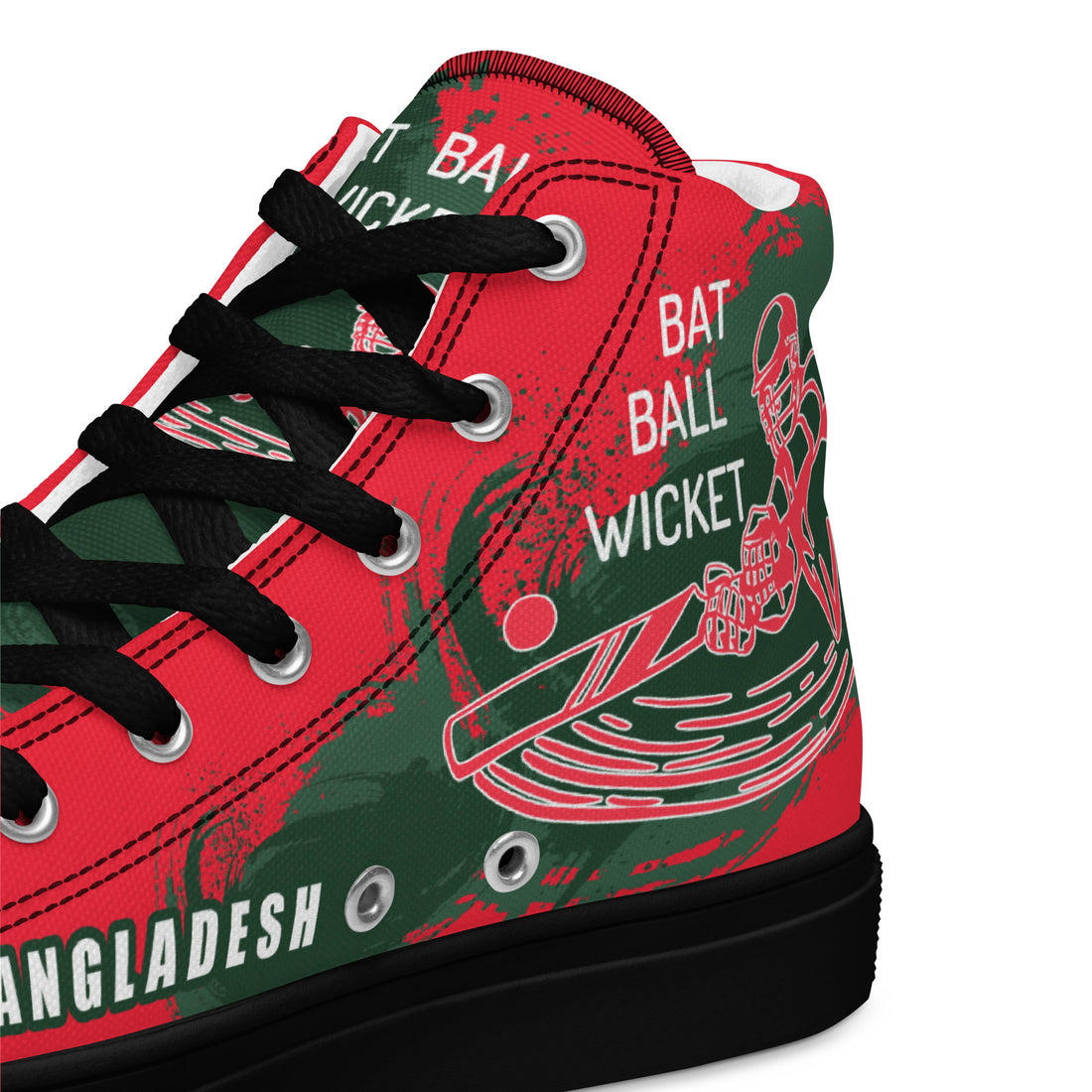 "Close-up view of the upper part of a Bat Ball Wicket high-top sneaker featuring vibrant red and green cricket graphics, &