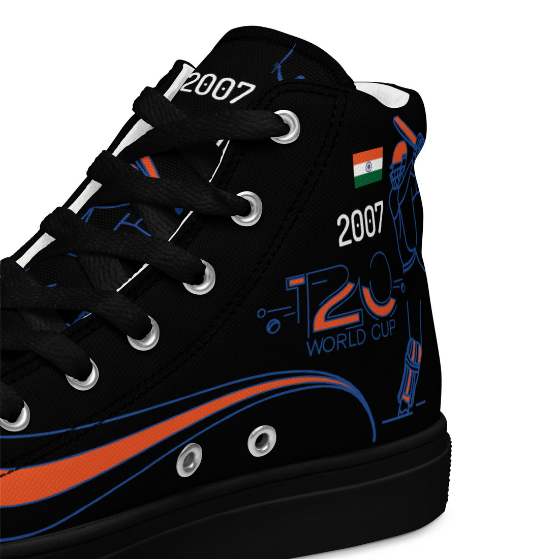 Close-up view of the side of a black high-top sneaker from Bat Ball Wicket featuring the Indian flag and T20 World Cup 2007 graphics, with black laces and silver eyelets against a black canvas.