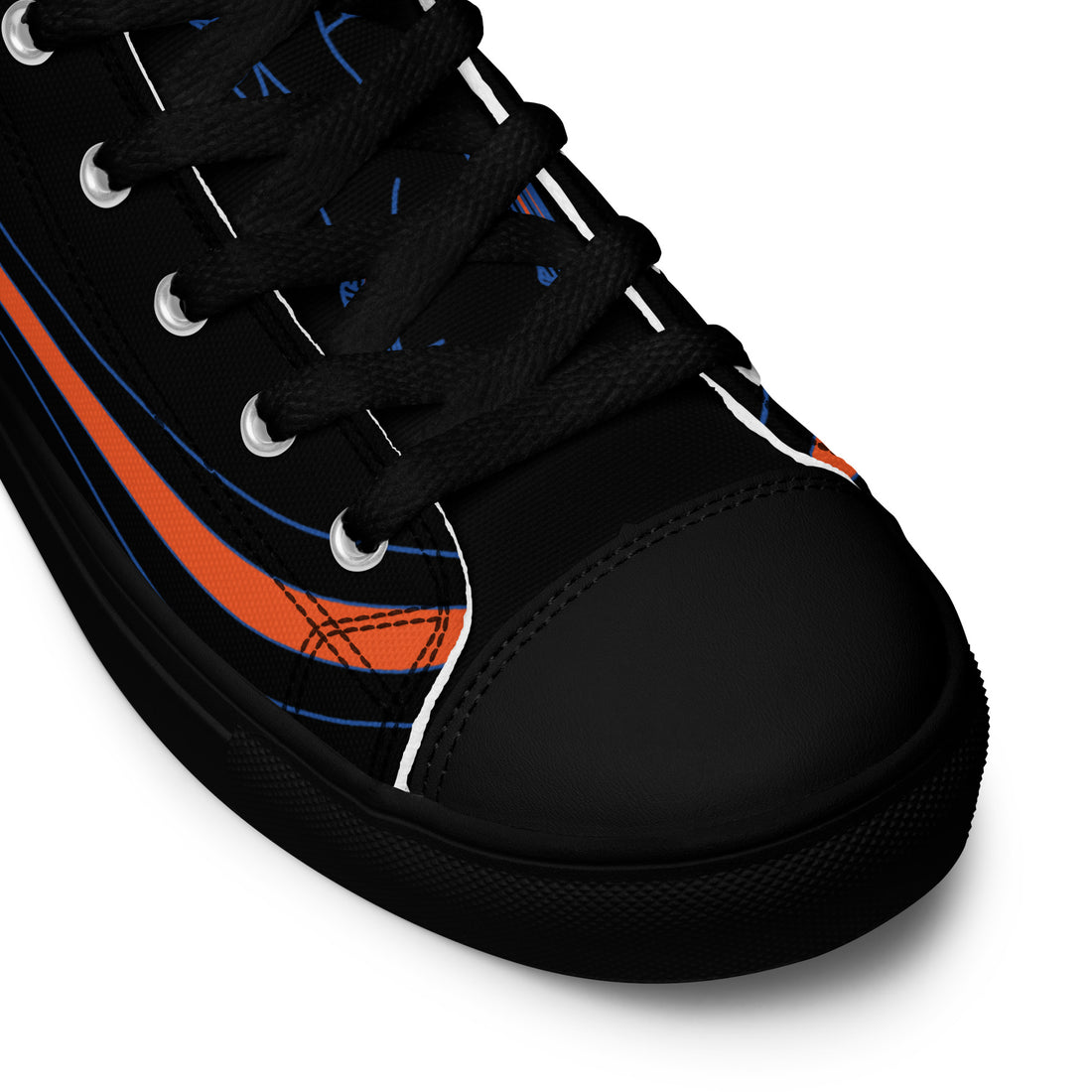 Close-up view of the front of a Bat Ball Wicket black high-top sneaker with black laces and silver eyelets, featuring an Indian cricket theme with blue and orange accents on the toe box.