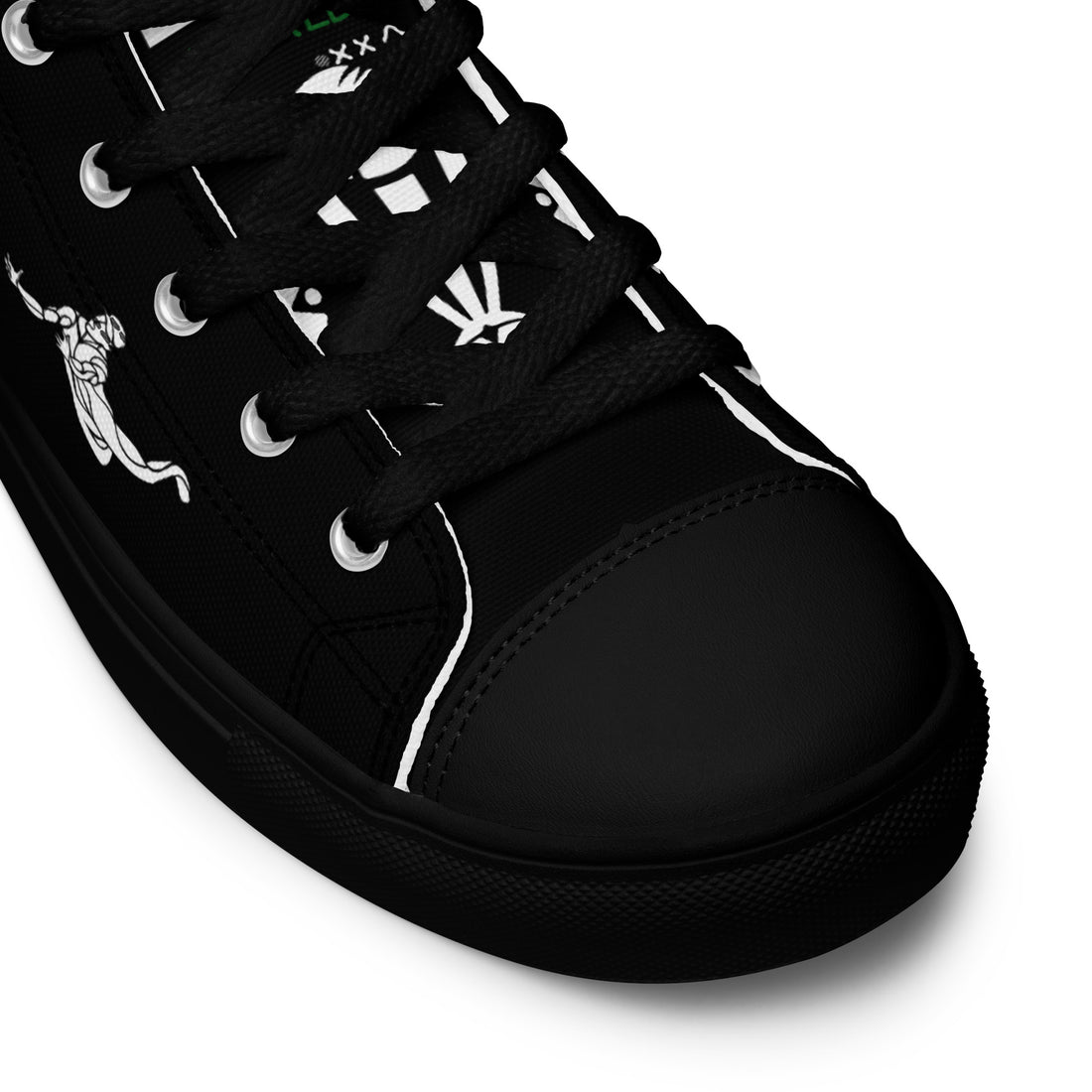 Close-up of the toe and lace-up front of a black high-top canvas shoe with white stitching, featuring the text &