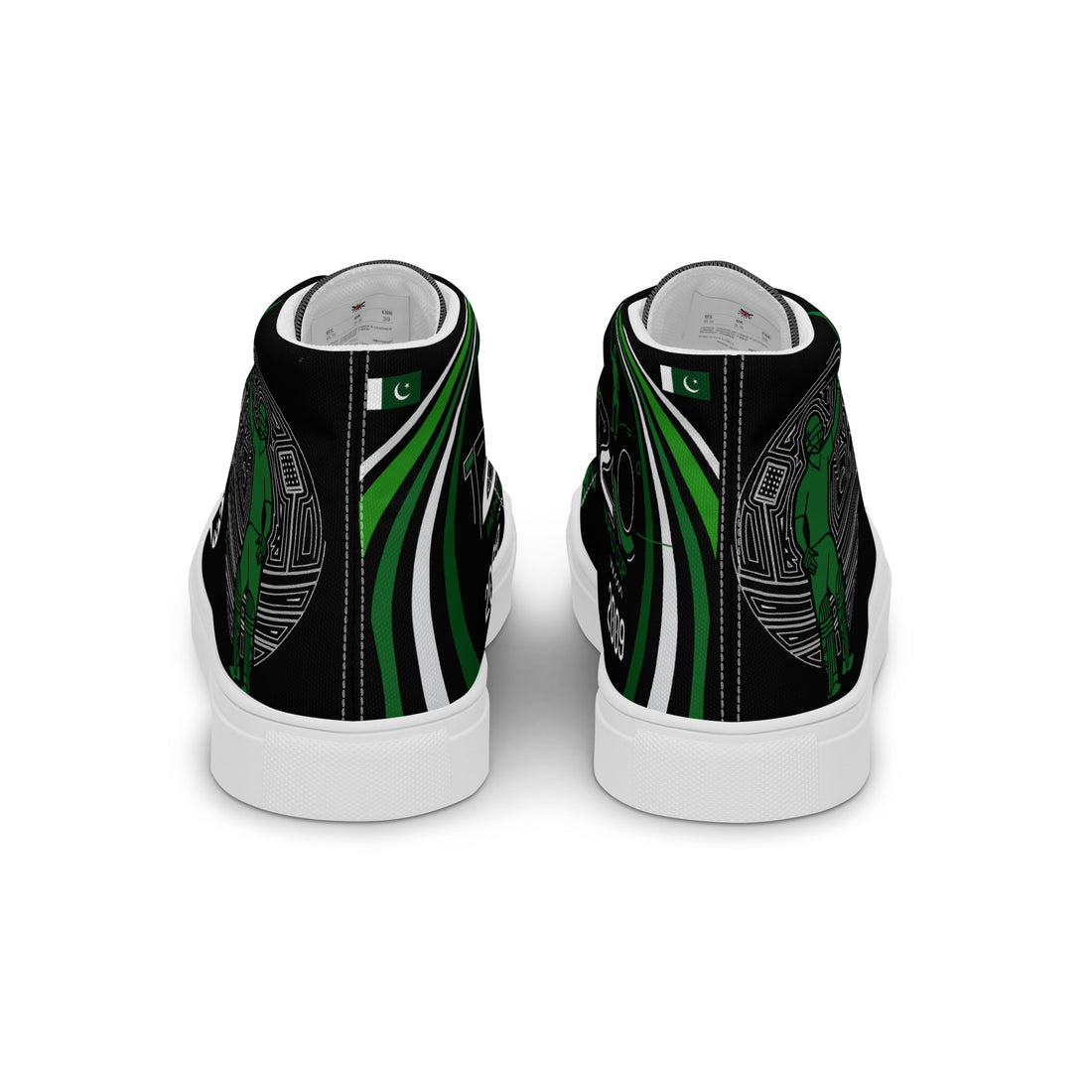 Rear view of Bat Ball Wicket high-top sneakers with Pakistan cricket World Cup themes, featuring green geometric patterns and cricket imagery on a black canvas background with a Pakistani flag