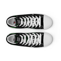 Top view of Bat Ball Wicket high-top sneakers, with the World Cup 1992 and T20 2009 Pakistan cricket themes, featuring white laces over a black canvas.