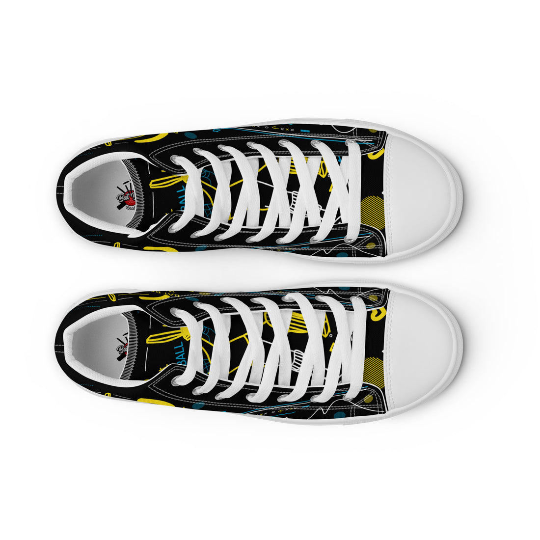 Top-down view of white Bat Ball Wicket high-top canvas shoes, showcasing the lace-up design and cricket-inspired graphics on the shoe&