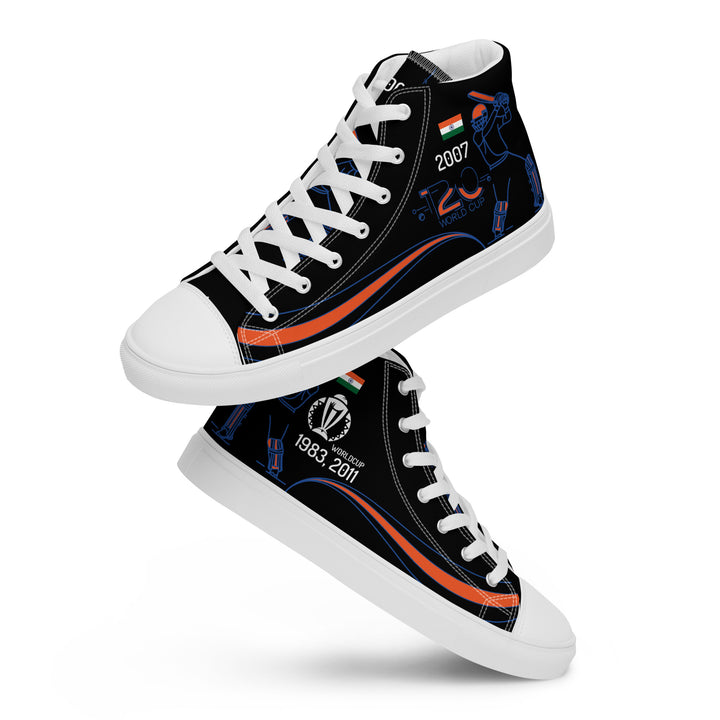 Angled front view of Bat Ball Wicket high-top sneakers themed with Indian cricket blue and orange colors, featuring T20 World Cup 2007 and World Cup 1983, 2011 victory years.