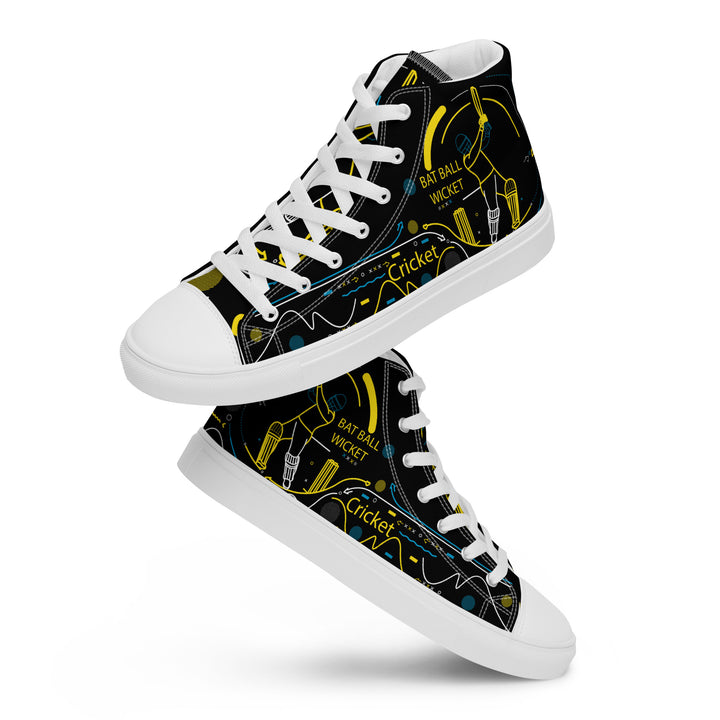 Full side view of white Bat Ball Wicket high-top canvas shoes illustrating the synergy of sports fashion with cricket enthusiasm through detailed thematic graphics.