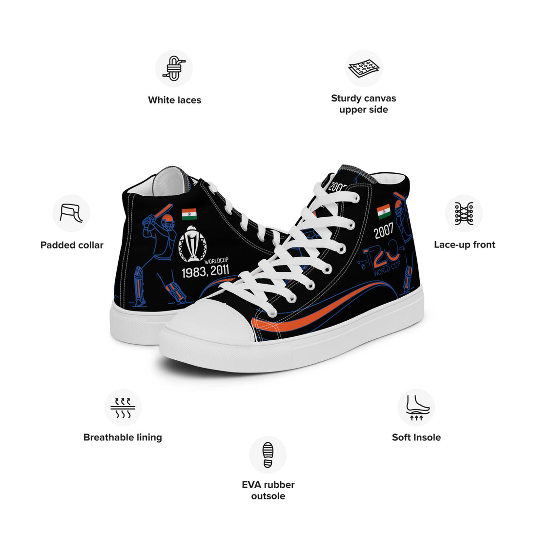 Side view of Bat Ball Wicket Indian cricket-themed high-top sneakers highlighting features such as white laces, padded collar, breathable lining, EVA rubber outsole, and soft insole.