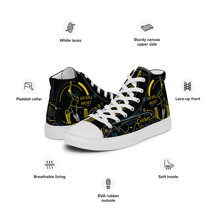 Angled side view of white Bat Ball Wicket high-top canvas shoes with cricket equipment graphics and text in yellow, blue, and white on a contrasting black canvas.