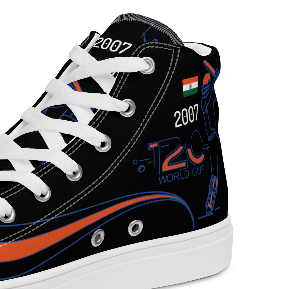 Close-up side view of Bat Ball Wicket high-top sneakers with Indian cricket team blue and orange theme, detailed with T20 World Cup 2007 and World Cup 1983, 2011 dates on a black canvas.