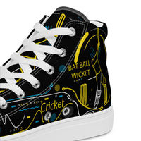 Side perspective of Bat Ball Wicket's white high-top canvas shoes, emphasizing the cricket-themed artwork and the brand's distinctive design elements.