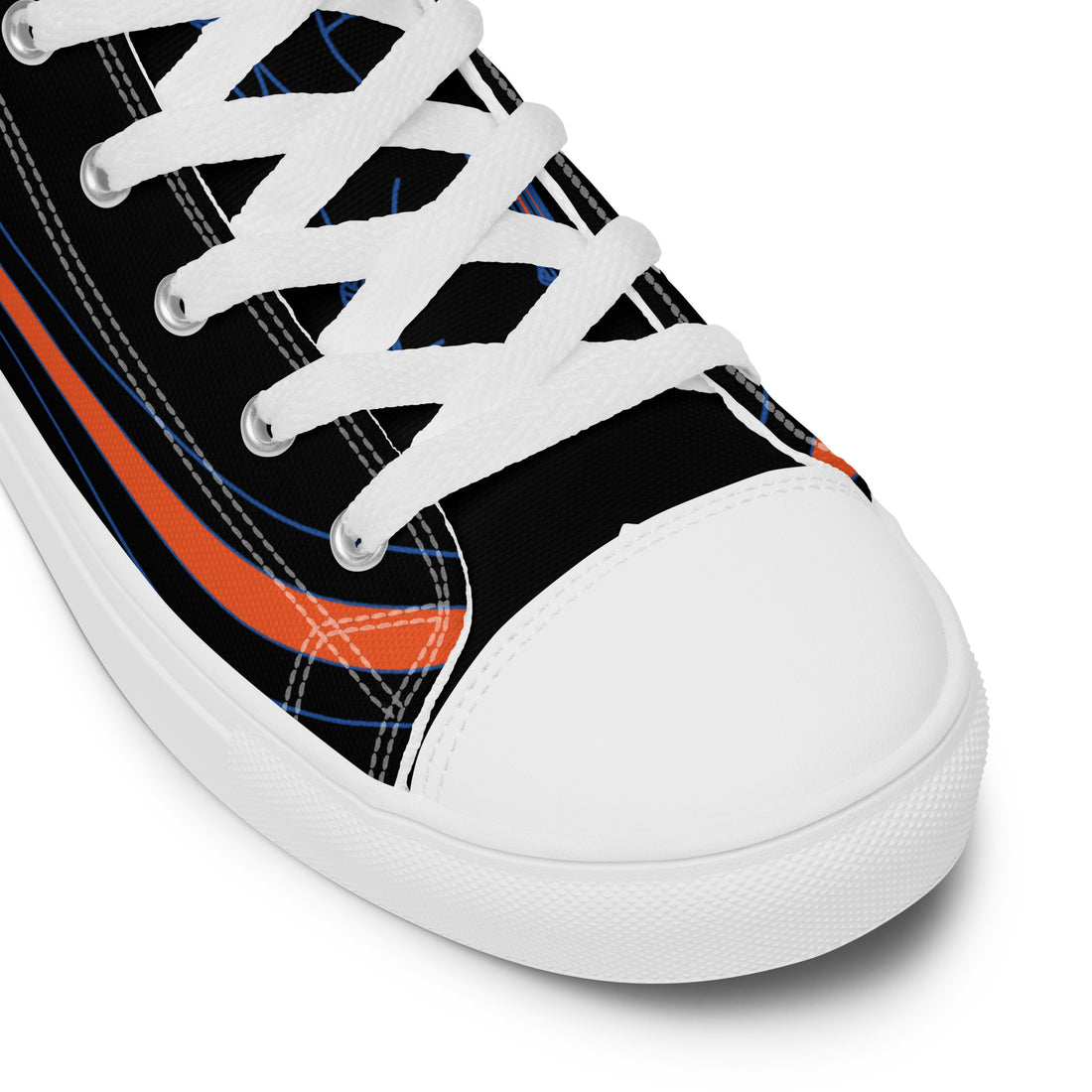 Close-up view of the toe cap and lacing of Bat Ball Wicket high-top sneakers with Indian cricket team&