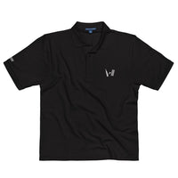 Front view of a black polo shirt laid flat, featuring a cricket bat and stumps embroidery on the chest, designed for fans and casual wear.