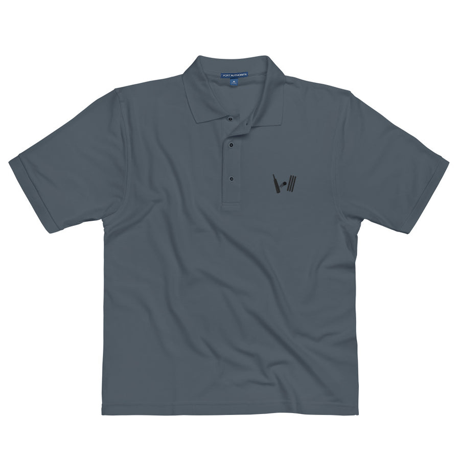 Steel grey premium polo shirt with Bat Ball Wicket logo on the left chest, presenting a sophisticated and sporty look for cricket fans.