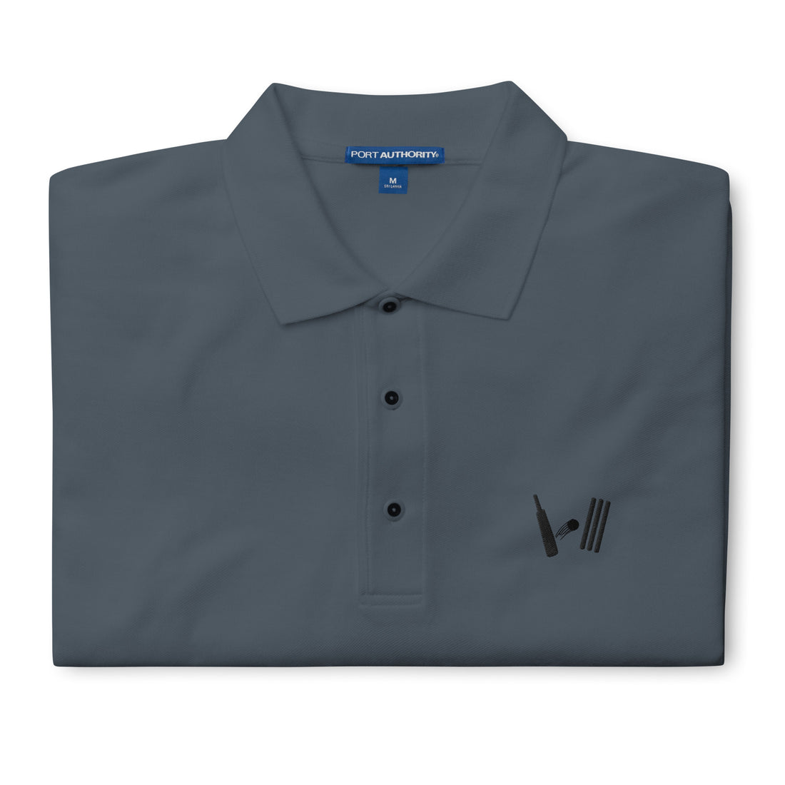 "Folded steel grey polo shirt displaying the Bat Ball Wicket logo on the left chest area and the Port Authority label on the collar, in medium size