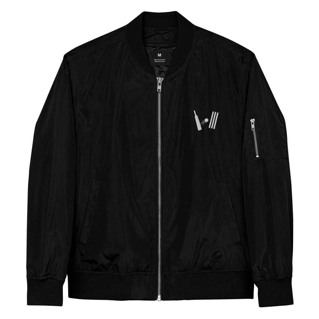 Black bomber jacket featuring a sleek design with a silver zipper, zippered sleeve pocket, and a minimalist white cricket bat and stumps logo on the chest.