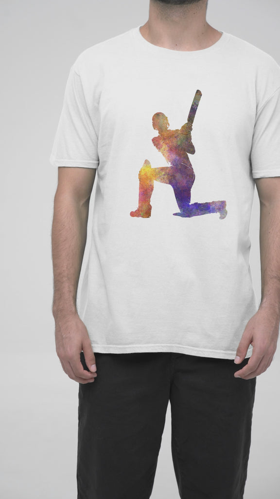 Video of a white t-shirt displaying a vibrant watercolor-style cricket player graphic, set against a plain background.