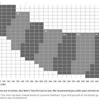 Size chart showing the relationship between height in feet and inches, and weight in pounds for men's t-shirts. The chart is divided into sections for sizes S, M, L, XL, 2XL, 3XL, and 4XL, with varying shades of gray indicating suitable height and weight ranges for each size. A note advises that the t-shirts fit true to size and to choose your normal size, or the next size up if on the border based on customer feedback.