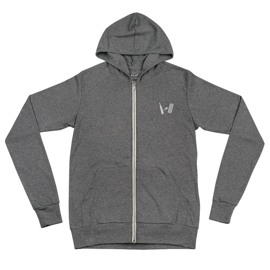 Unisex lightweight zip-up hoodie with a small white logo of a cricket bat, ball, and wicket on the left chest area.