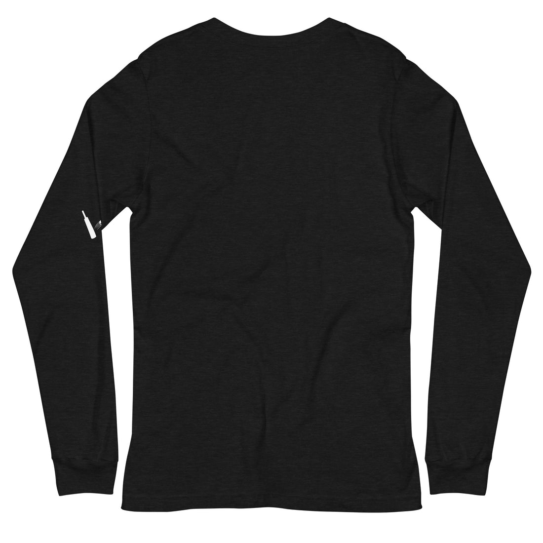 Back view of a black heather long sleeve tee with cricket-themed sleeve detail from Bat Ball Wicket