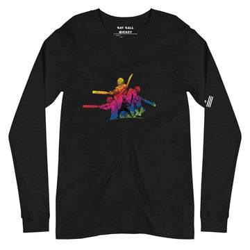 Flat lay view of a black heather long sleeve tee featuring a vibrant cricket action graphic, part of the Bat Ball Wicket collection.