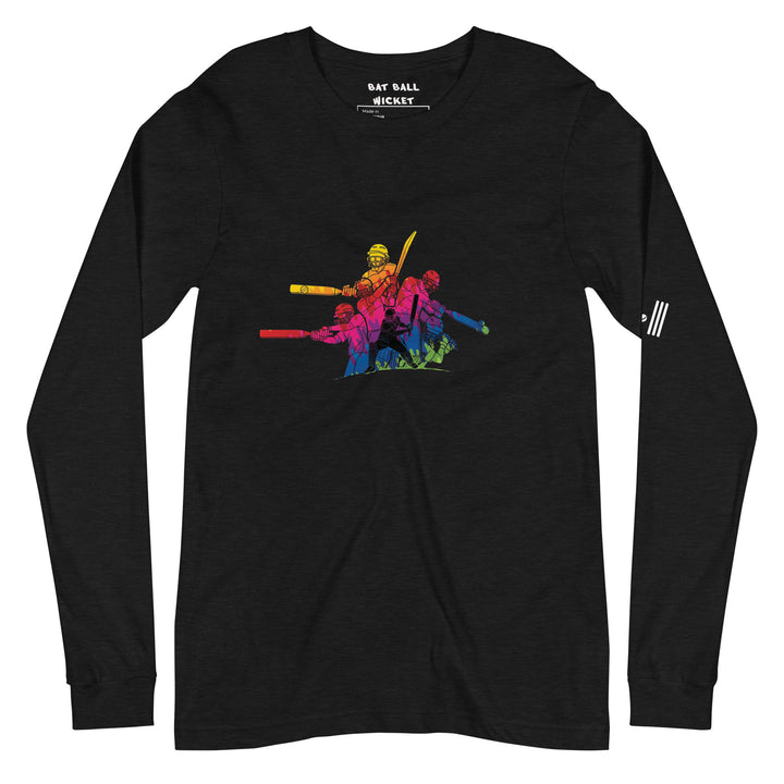 Flat lay view of a black heather long sleeve tee featuring a vibrant cricket action graphic, part of the Bat Ball Wicket collection.