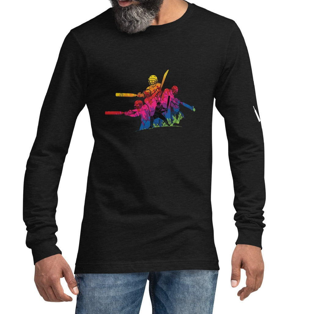 Man wearing a black heather long sleeve tee with a colorful cricket action graphic on the front, designed by Bat Ball Wicket.