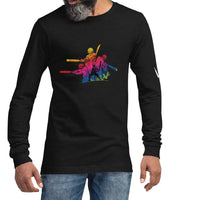 Man wearing a black heather long sleeve tee with a colorful cricket action graphic on the front, designed by Bat Ball Wicket.