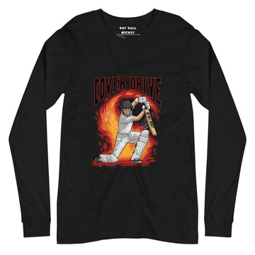 Front view of a black long sleeve tee featuring a colorful cover drive cricket design from Bat Ball Wicket