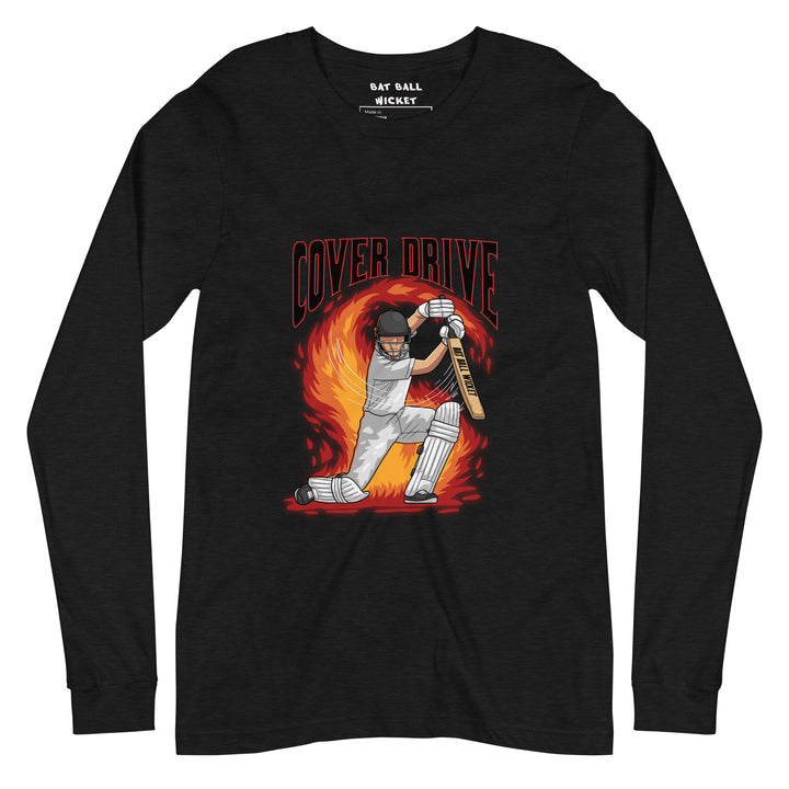 Front view of a black long sleeve tee featuring a colorful cover drive cricket design from Bat Ball Wicket