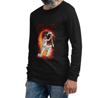 Model wearing a black long sleeve tee with a vibrant cricket cover drive design from Bat Ball Wicket.