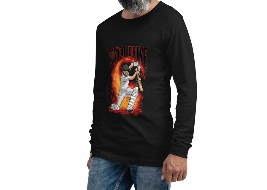 Model wearing a black long sleeve tee with a vibrant cricket cover drive design from Bat Ball Wicket.