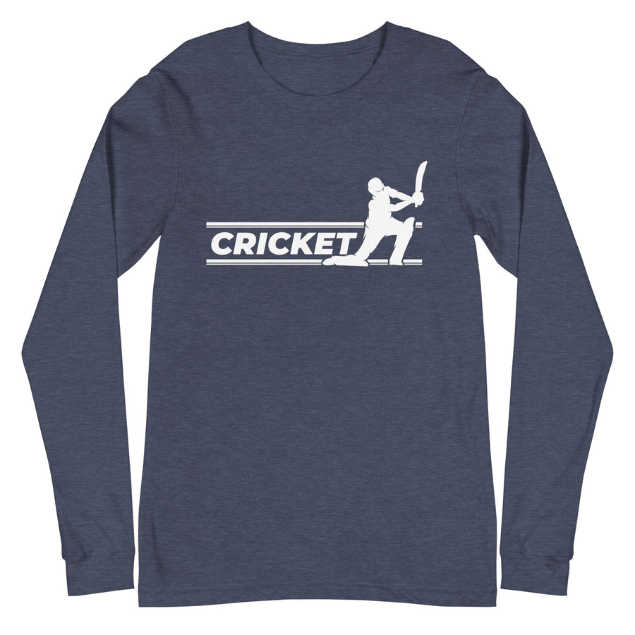 Heather Navy long sleeve tee from Bat Ball Wicket featuring a white cricket batsman silhouette design.