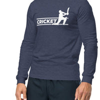 Man wearing a Heather Navy long sleeve tee from Bat Ball Wicket with a white cricket batsman silhouette design.