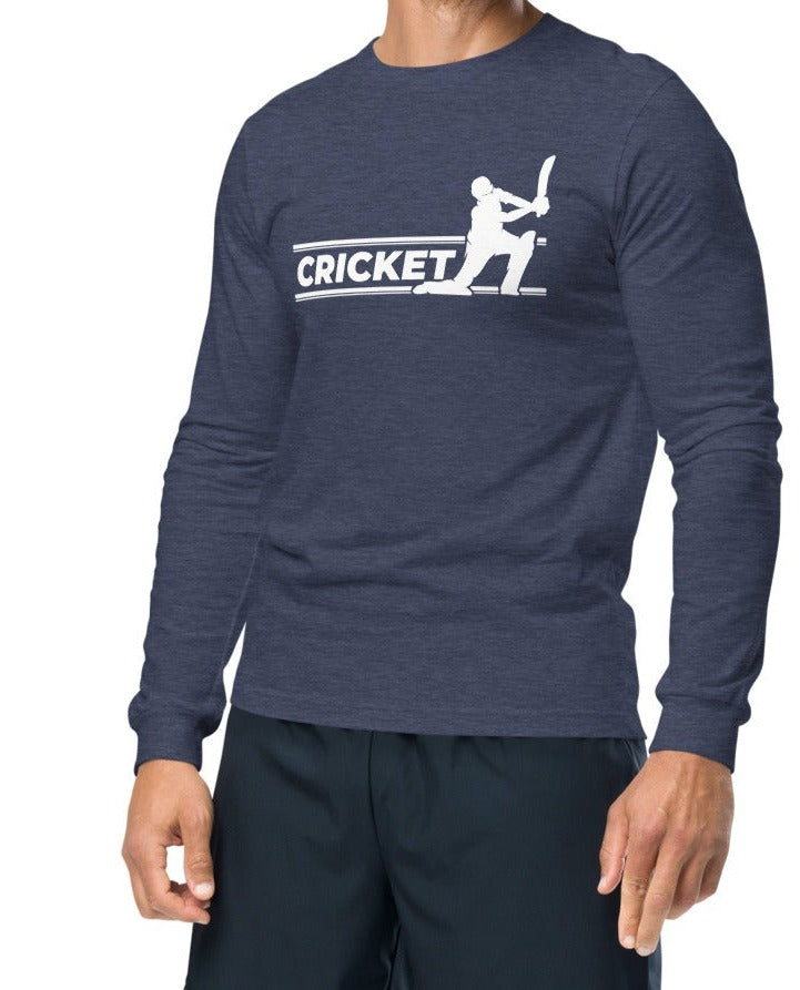 Man wearing a Heather Navy long sleeve tee from Bat Ball Wicket with a white cricket batsman silhouette design.