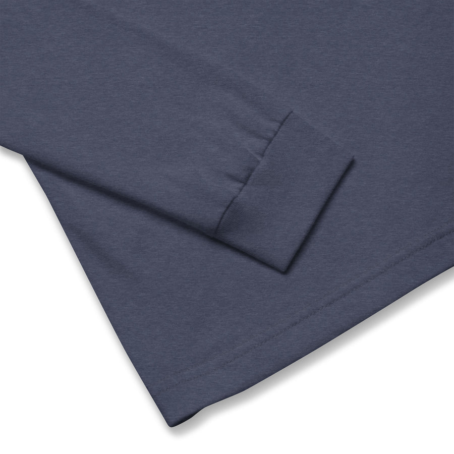 Close-up of the sleeve cuff of a Heather Navy long sleeve tee from Bat Ball Wicket.