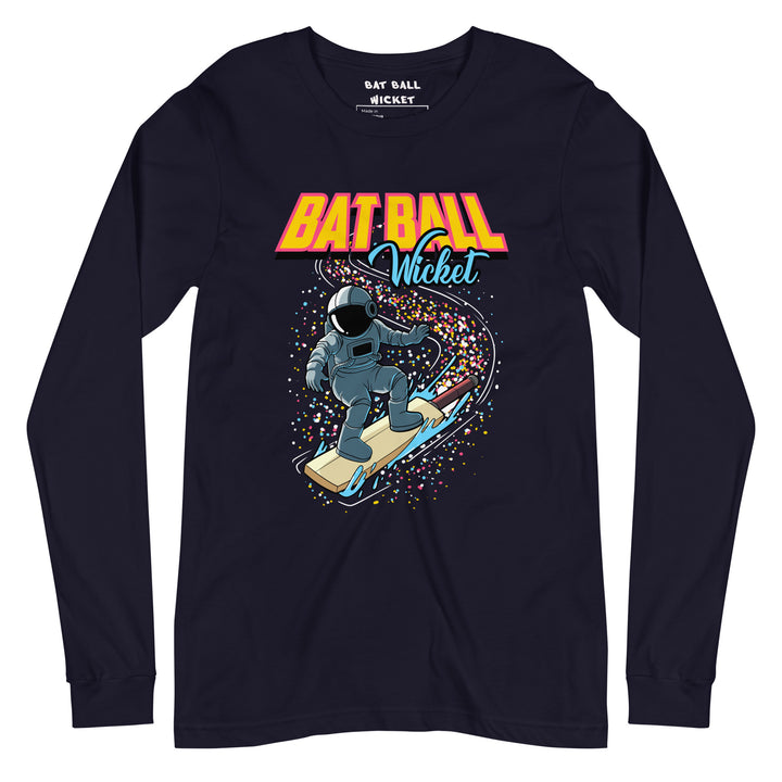 Flat lay of the Bat Ball Wicket long sleeve tee in navy, displaying the colorful cosmic cricket design on the front