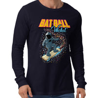 Model wearing the Bat Ball Wicket long sleeve tee in navy, featuring a vibrant cosmic cricket design with an astronaut.